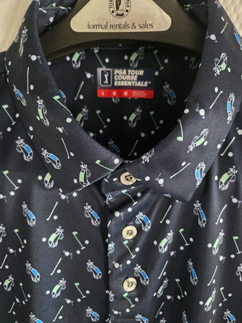 PGA Tour Men’s Navy Polo with Blue and Mint Golf Bag Print